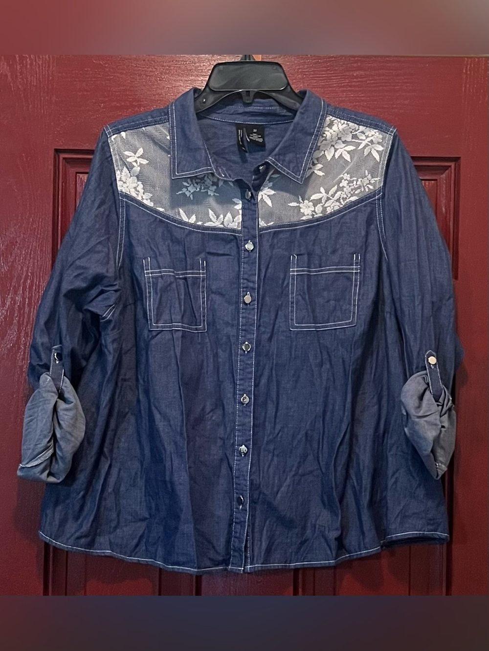 Denim Floral Yoke Button-Down Shirt - Blue
